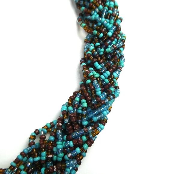 Woven Braded Multi Strand Seed Beaded Necklace Blue Teal Brown 21" Bib Statement - Picture 5 of 7